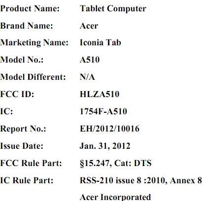 Acer Iconia Tab A510 พร้อม CPU Quad-Core ผ่าน FCC แล้ว