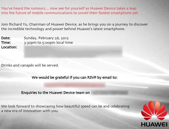 Huawei ร่อนหมายเชิญในงาน MWC 2012 ลือเปิดตัว Smartphone แรงเทพ Quad-Core
