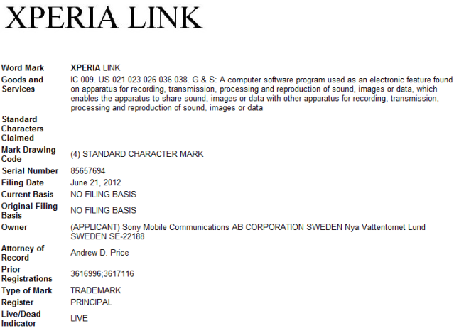 Sony Mobile จดชื่อทะเบียนการค้า XPERIA LINK