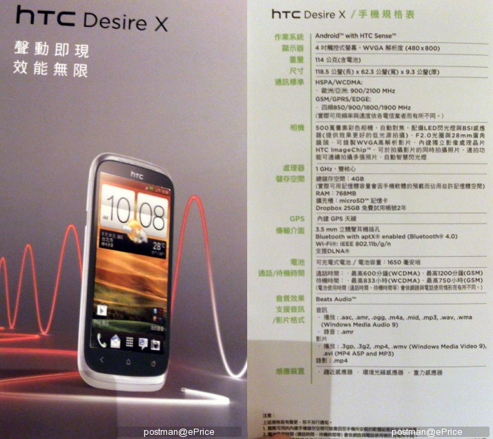 หลุดข้อมูล Spec แบบเต็มๆผ่านโบรชัวร์ HTC Desire X หรือ Proto