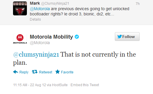 Motorola ทวีตไม่มีแผนปลดล็อค Bootloader ให้กับเครื่องรุ่นเก่า
