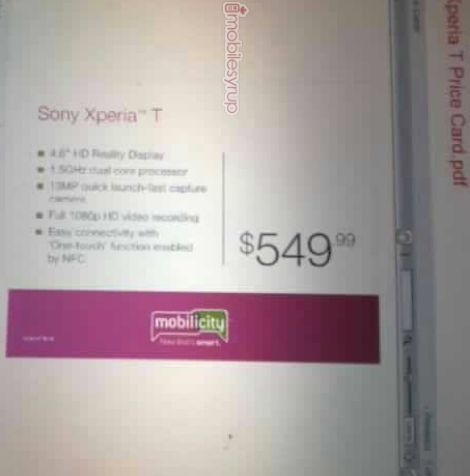 ถูกกว่าที่คิด หลุดราคา Sony Xperia T ที่แคนาดาแล้ว