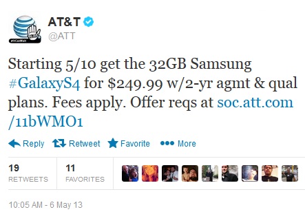 ตามมาอย่างไว Samsung Galaxy S4 รุ่น 32GB เตรียมลงขายกับ AT&T วันที่ 10 พ.ค. นี้ พร้อม LG Optimus G Pro