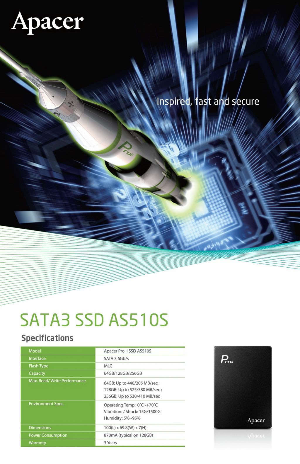 Apacer ผู้นำแห่งวงการ SSD กับมาตรฐานใหม่ในการ อ่าน/เขียนด้วยความเร็วสูง   ด้วย AS510 SSD ที่มาพร้อมกับความเร็วในการอ่านที่สูงถึง 530MB/s