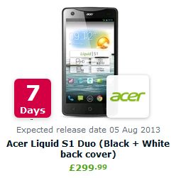 เงียบมานาน Acer Liquid S1 รุ่นสองซิมเตรียมวางขายที่อังกฤษ 5 สิงหาคมนี้
