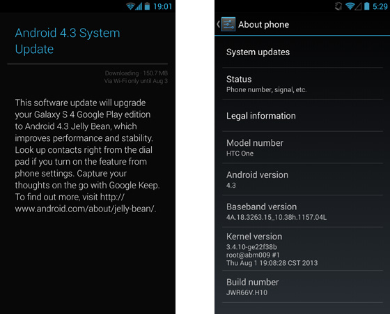 HTC One กับ Samsung Galaxy S4 ได้รับอัพเดท 4.3 แล้ว แต่ช้าก่อน เฉพาะ Google Play Edition เท่านั้น