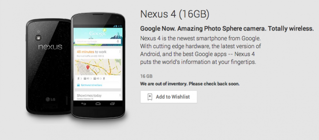 หมดแล้วและไม่มีเพิ่ม Nexus 4 ไม่ขายบน Play Store US แล้ว
