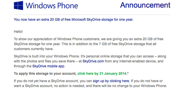 สาวก Windows Phone ได้พื้นที่ SkyDrive ฟรี 20GB ฟรี
