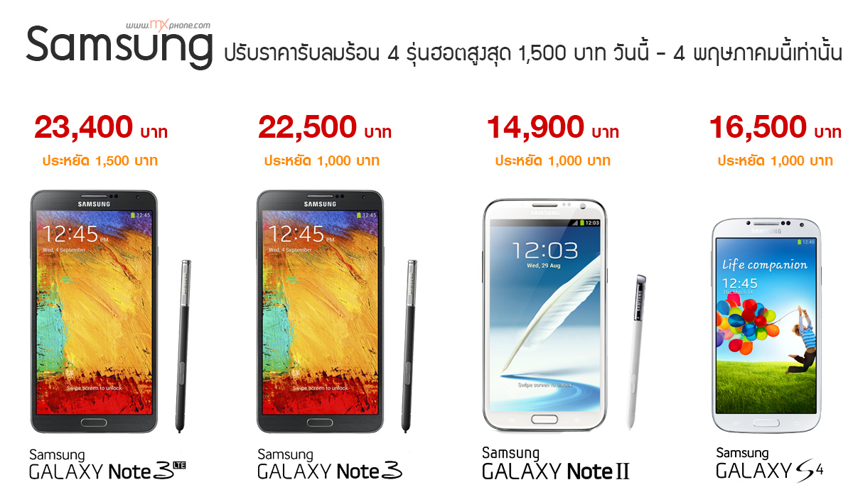 อย่างป๋า… Samsung จัดโปรลดราคารุ่นฮอต Galaxy Note3 LTE, Note3, Note2 และ Galaxy S4 สูงสุด 1,500 บาท