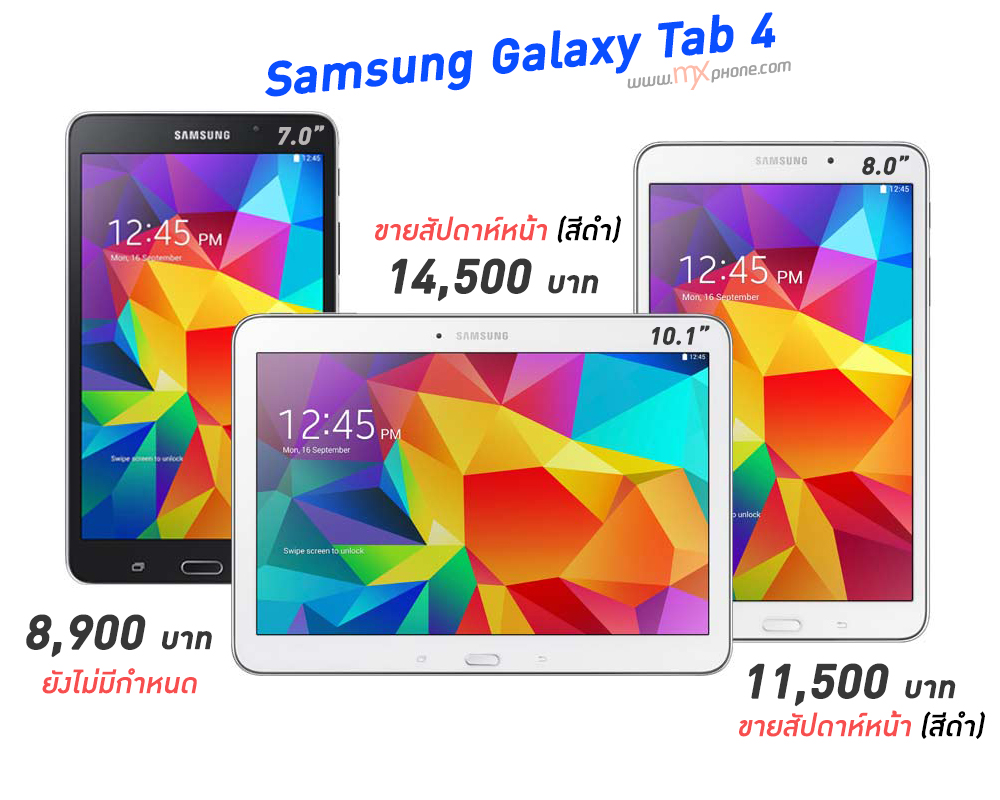 เผยโพยราคา Samsung Galaxy Tab 4 ทั้งสามรุ่น พร้อมวันวางจำหน่ายในประเทศไทย