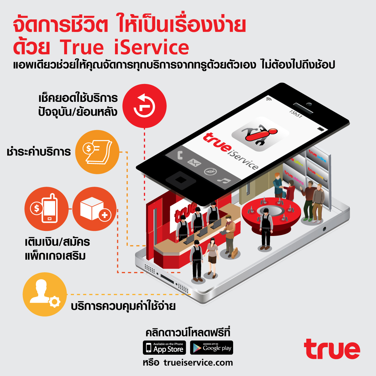 ลองใช้ True iService บริการเดียวที่ใช้เช็คยอด จ่ายบิล หรือเติมเงินได้สะดวก ครบวงจรทั้งบนมือถือ และเว็บไซต์
