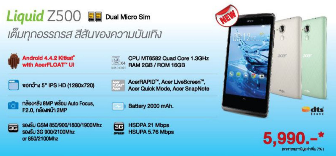 Acer Liquid Z500 สมาร์ทโฟน Quad-core สองซิม RAM 2GB หน้าจอ IPS 5 นิ้ว HD พร้อมวางจำหน่ายแล้ววันนี้!!