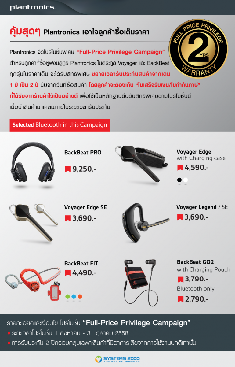 Plantronics จัดโปรโมชั่นพิเศษ “Full-Price Privilege Campaign” เอาใจลูกค้าซื้อเต็มราคา รับไปเลย Warranty 2 ปี