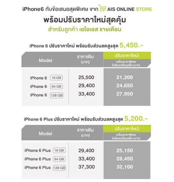 AIS ONLINE STORE ปรับลดราคา iPhone 6/6 plus สูงสุด 5,450 บาท ในราคาเริ่มต้นเพียง 21,200 บาทเท่านั้น!