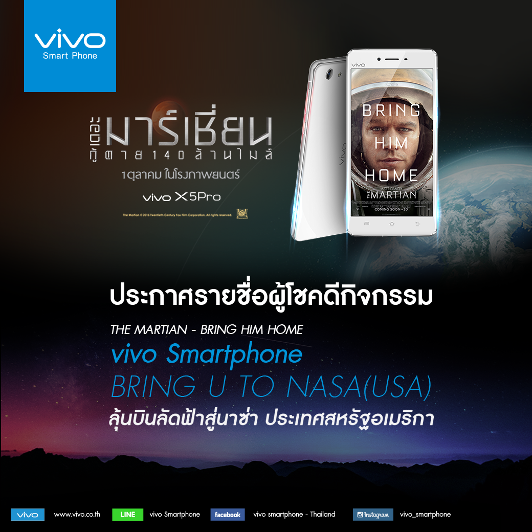 “ขจีจิตร ศรีบุรี” ผู้โชคดีกิจกรรม  THE MARTIAN – BRING HIM HOME vivo smartphone – BRING U TO NASA ลัดฟ้าสู่สหรัฐอเมริกา