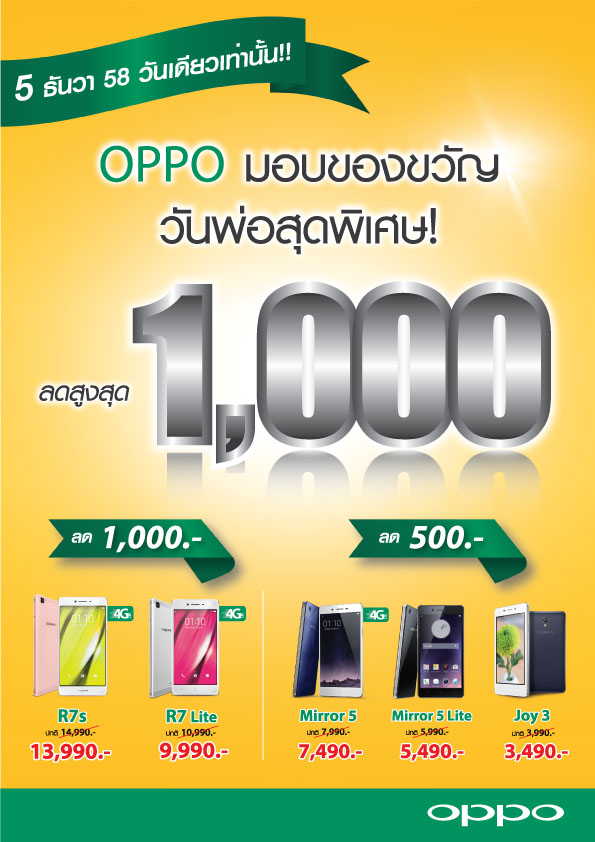 โปรโมชั่นต้อนรับวันพ่อด้วยสมาร์ทโฟน 5 รุ่นฮอตจาก OPPO