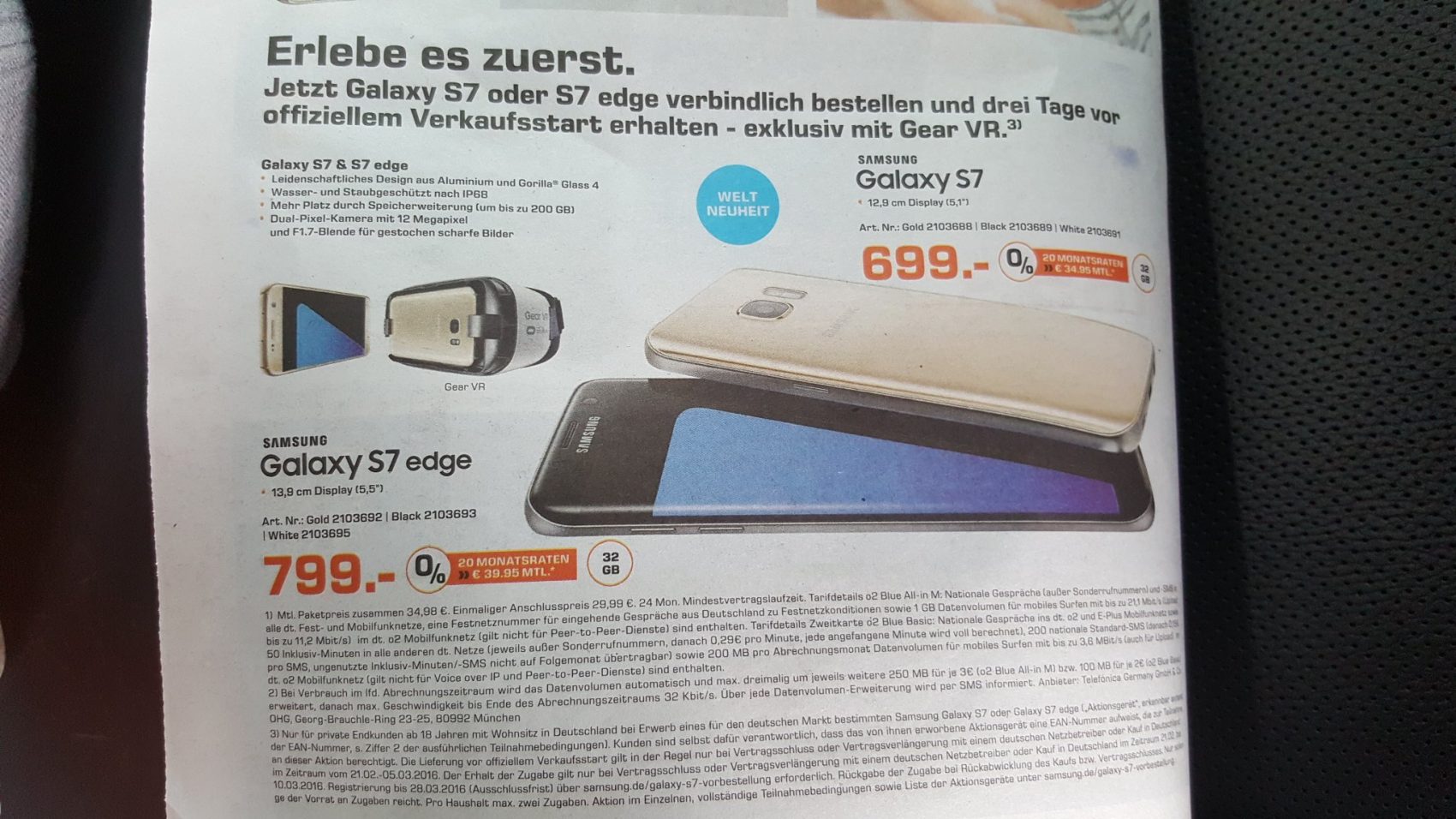 หลุดภาพโปรชัวร์ Samsung Galaxy S7 / S7 edge ตีราคาราว 3 หมื่นบาท ลูกค้าเยอรมันพรีออเดอร์รับฟรี Gear VR