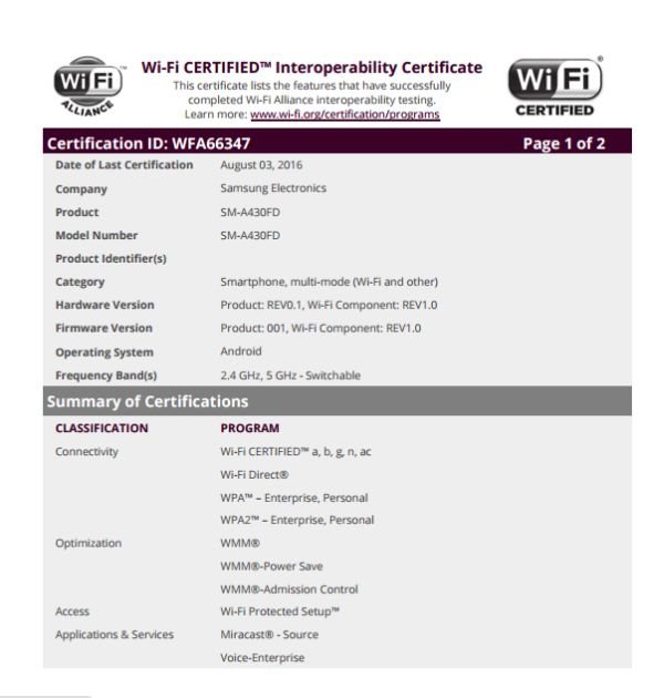 ของใหม่กำลังมา! Galaxy A4 ผ่านการรับรอง Wi-Fi Alliance แล้ว