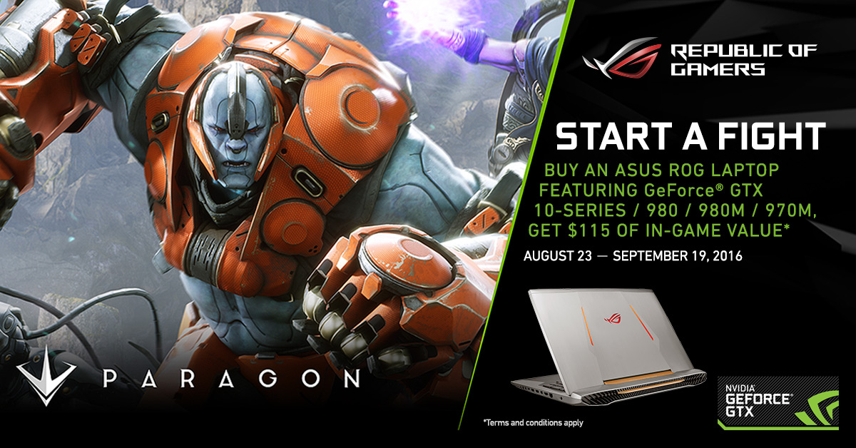 ASUS จับมือ NVIDIA มอบเครดิตในเกม Paragon ฟรี! สำหรับผู้ซื้อโน้ตบุ๊ก ASUS ROG ที่ใช้กราฟิกชิป GeForce GTX รุ่นที่ร่วมรายการ