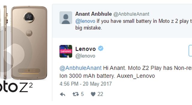 Lenovo คอนเฟิร์มผู้ใช้ Moto Z2 Play สเปคแบตฯ 3,000mAh