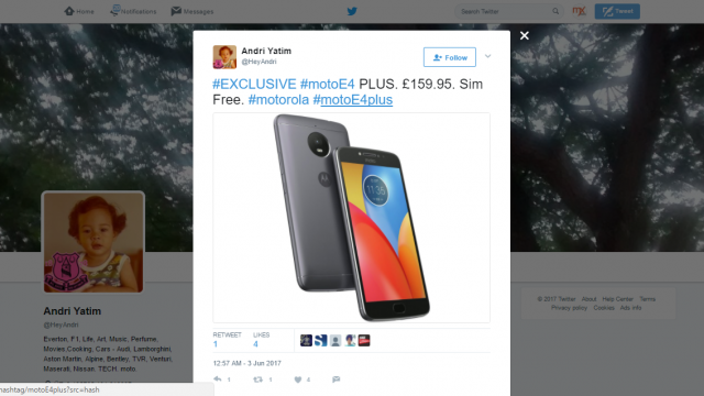 แหล่งข่าวทวีตอ้าง Moto E4 Plus เครื่องเปล่าเคาะราคาที่ 7,xxx บาท
