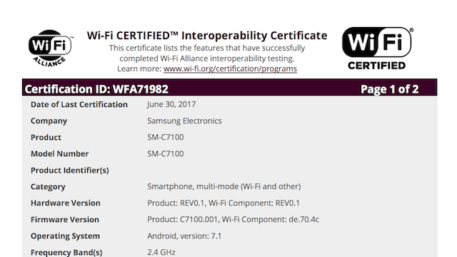 Samsung Galaxy C7 (2017) ผ่านการรับรองมาตรฐาน Wi-Fi จาก WFA