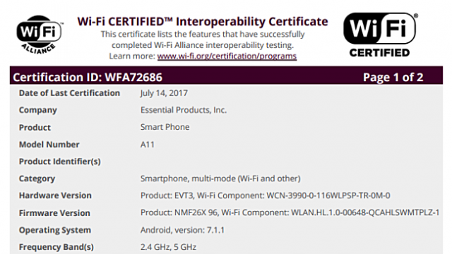 มือถือใหม่ของ Essential Phone (A11) ผ่านการรับรอง WiFi Alliance (WiFi)