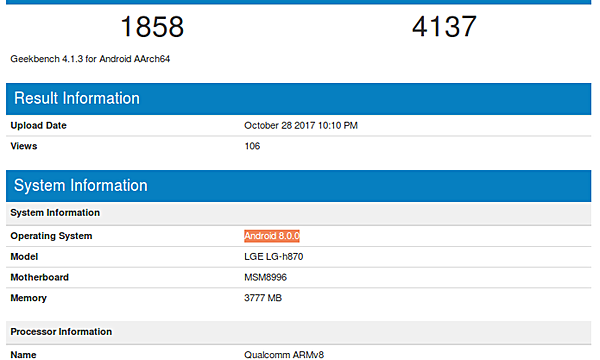 Geekbench ผุดข้อมูล LG G6 เริ่มทดสอบ Android 8.0 แล้ว