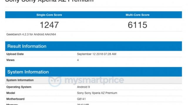 Geekbench โชว์ผลทดสอบ Sony Xperia XZ Premium รันกับ Android 9.0 Pie