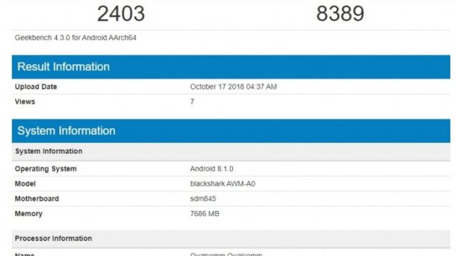 Geekbench ผุดคะแนนทดสอบ Xiaomi Black Shark 2 รัน Android 8.1 Oreo