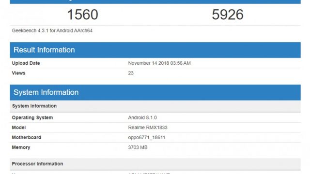Geekbench ผุดสเปคมือถือใหม่ Realme ใช้ชิป Helio P60