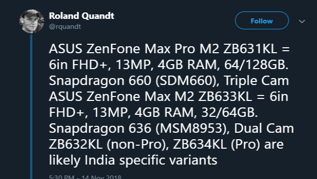 หลุดสเปค Asus Zenfone Max Pro M2 และ Zenfone Max M2