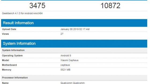 พบสมาร์ทโฟนใหม่ Xiaomi รหัส Cepheus บน Geekbench ใช้ชิป SD855