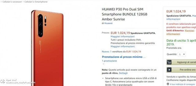 Amazon อิตาลี หลุดข้อมูลราคาเรือธง Huawei P30 Pro