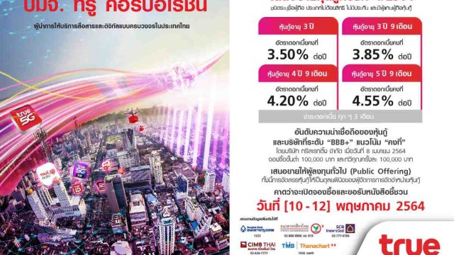 True เตรียมเปิดจองซื้อหุ้นกู้ครั้งที่ 4/2564 พร้อมประกาศอัตราดอกเบี้ยคงที่ 3.50-4.55% ต่อปี