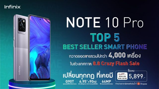 Infinix NOTE 10 Pro ติด TOP 5 Best seller Smart phone บน Shopee ในช่วงเทศกาล 8.8 Crazy Flash Sale