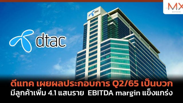 ดีแทค เผยผลประกอบการ Q2/65 เป็นบวก มีลูกค้าเพิ่ม 4.1 แสนราย EBITDA margin แข็งแกร่ง