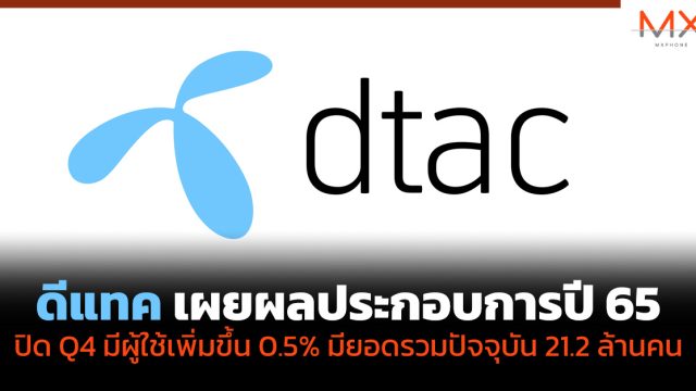 ดีแทคเผยผลประกอบการปี 65 ปิด Q4 มีผู้ใช้เพิ่มขึ้น 0.5% มียอดรวมปัจจุบัน 21.2 ล้านคน