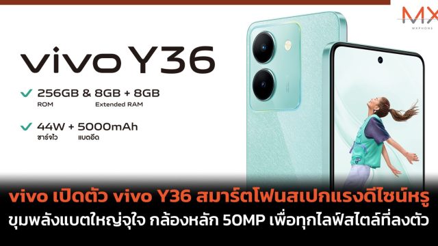 vivo เปิดตัว vivo Y36 สมาร์ตโฟนสเปกแรงดีไซน์หรู ขุมพลังแบตใหญ่จุใจ กล้องหลัก 50MP เพื่อทุกไลฟ์สไตล์ที่ลงตัว