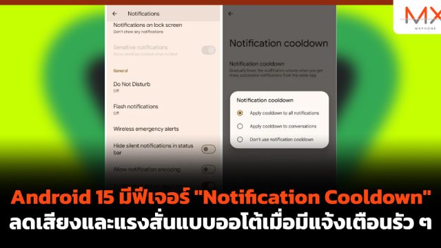 Android 15 มีฟีเจอร์ “Notification Cooldown” ลดเสียงและแรงสั่นแบบออโต้เมื่อมีแจ้งเตือนรัว ๆ