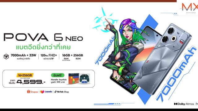 เปิดตัว TECNO POVA 6 NEO มือถือแบตอึด 7000mAh ราคาโปรโมชั่นเริ่มต้นเพียง 4,599 บาท ฟรีของแถม Premium Gift