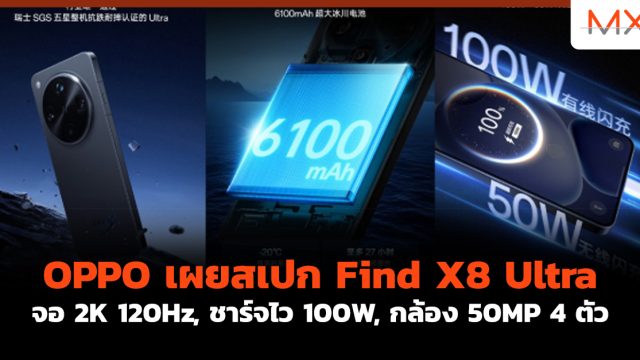 OPPO เผยสเปก Find X8 Ultra จอ 2K 120Hz, ชาร์จไว 100W, กล้อง 50MP 4 ตัว