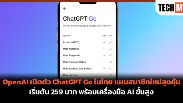 OpenAI เปิดตัว ChatGPT Go ในไทย แผนสมาชิกใหม่สุดคุ้ม เริ่มต้น 259 บาท พร้อมเครื่องมือ AI ขั้นสูง